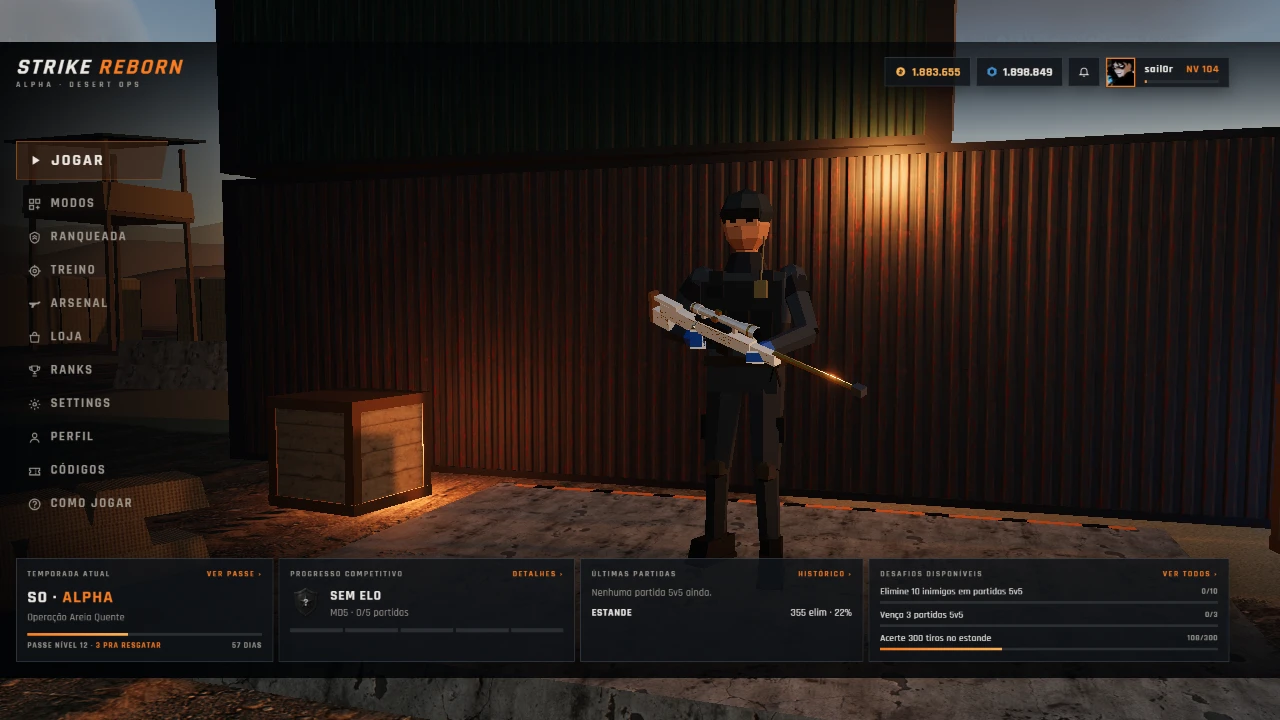 STRIKE REBORN (ALPHA). A warehouse with corrugated metal walls and wooden crates, lit by warm orange light. A player character in dark clothing stands holding a rifle, with a menu panel on the left showing options like JOGAR, MODOS, and RANQUEADA, and game information displayed at the bottom. Taken when the game first came out, on October 31, 2026.