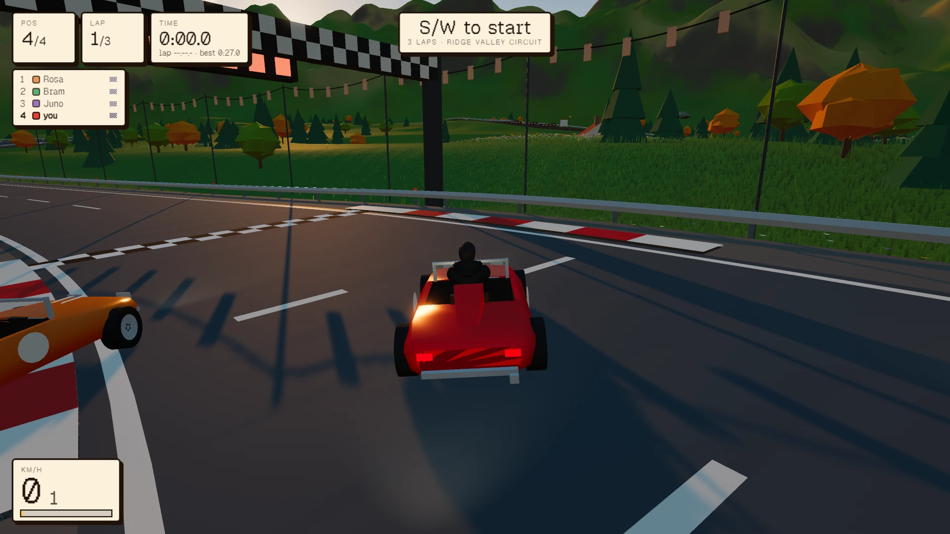 Ridge Racer. Ridge Valley Circuit starting line with a red race car in the center of the track, an orange car to the left, and a checkered flag overhead. The player is in fourth position, awaiting the start of a three-lap race with S/W to start. Taken for the update Golden Hour Glow.