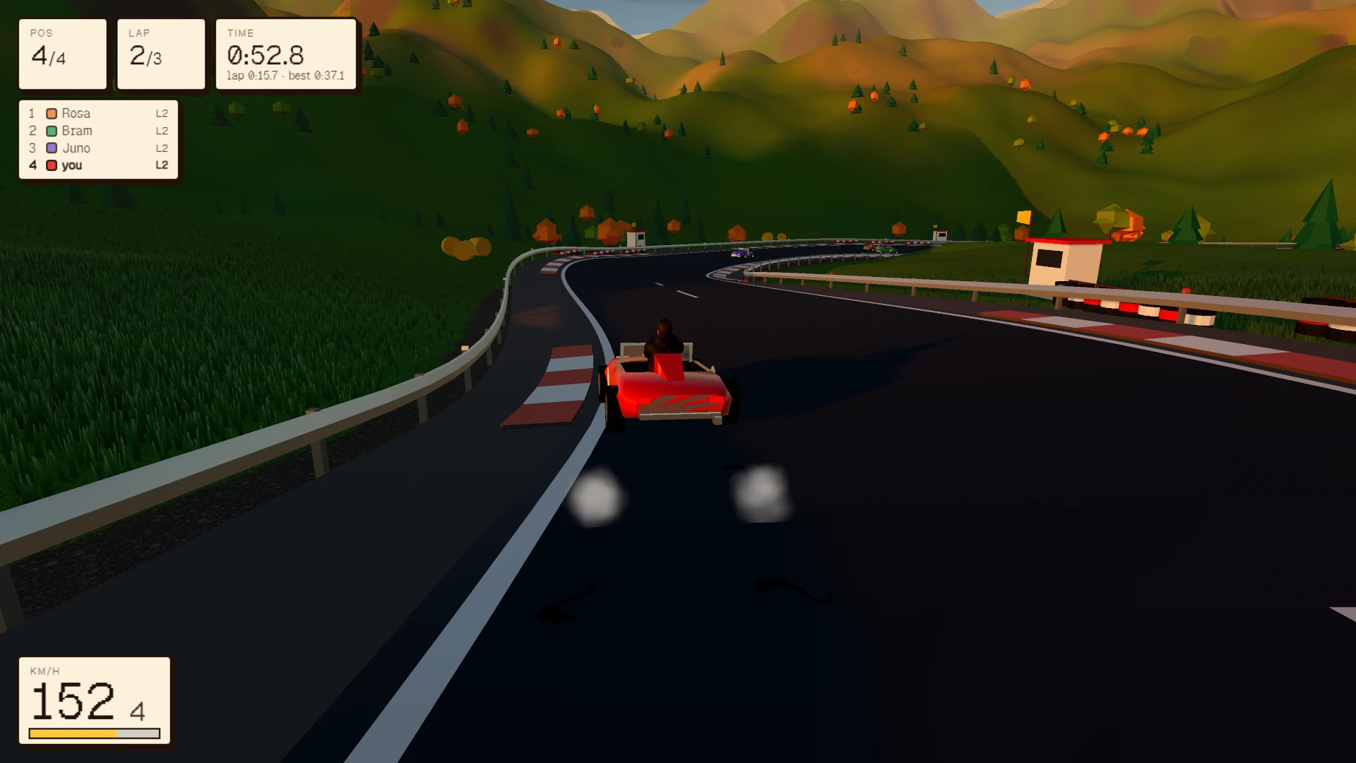 Ridge Racer. A racing track curves through rolling green hills dotted with trees and pumpkins. A red car drives on the dark asphalt road at 152 KM/H, in fourth place out of four racers. Taken when the game first came out, on October 31, 2026.