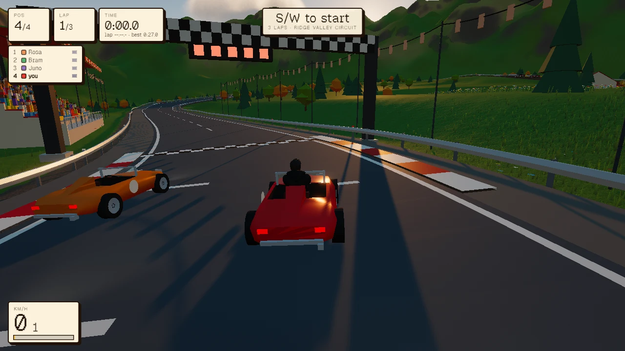 Ridge Racer. Ridge Valley Circuit racetrack with four racing karts lined up at the starting line, ready to begin a three-lap race. A red kart in the center and an orange kart to the left wait as the checkered flag banner hangs overhead, with "S/W to start" displayed and KM/H speed indicator shown. Taken while its maker played, on October 31, 2026.