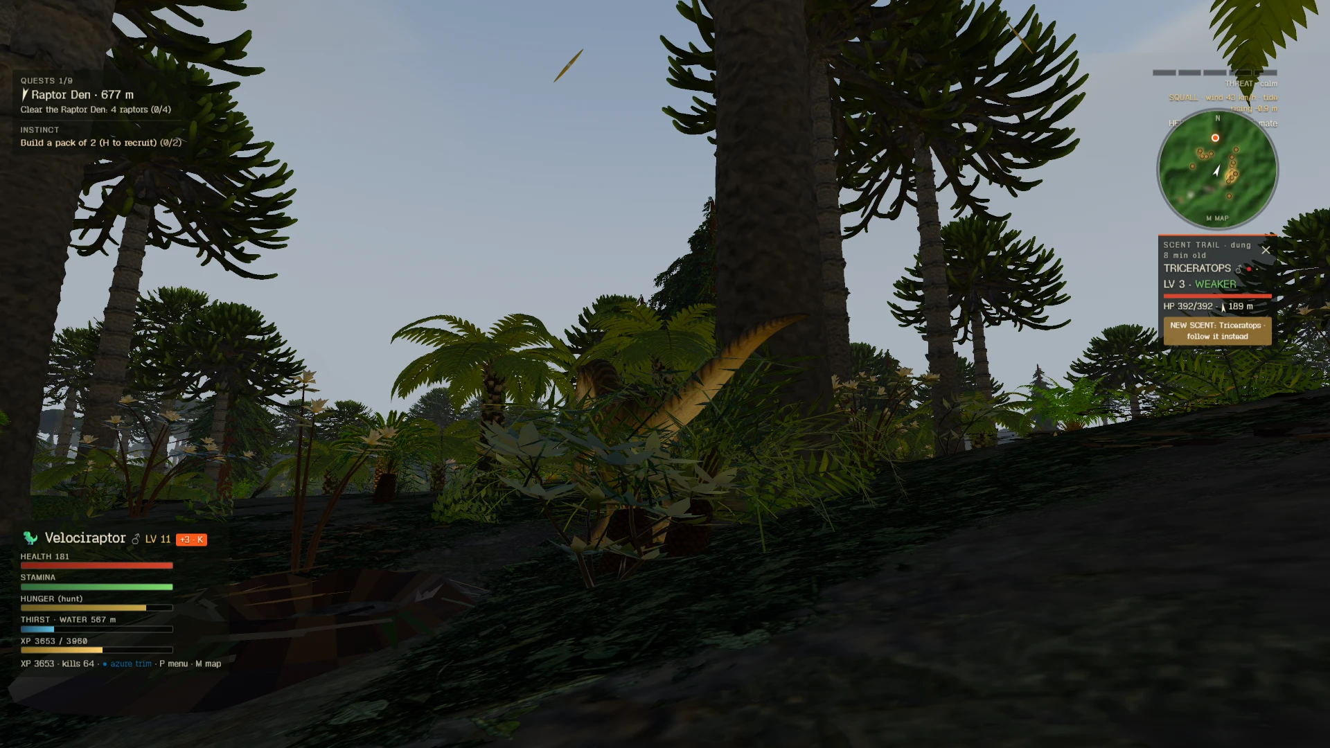Dino Island: Pangea. A lush prehistoric jungle with tall trees and ferns surrounds a yellow and brown dinosaur in the center. The player controls a Velociraptor and is tracking a Triceratops, with quest objectives and status bars displayed on screen. Taken when the game first came out, on October 31, 2026.