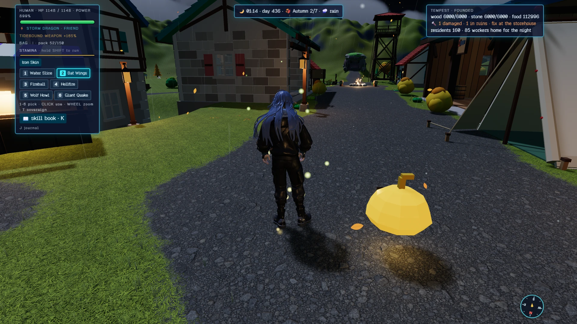 Slime Sovereign. A settlement in rain with buildings and a tower. A character with blue hair stands on a path near a yellow rounded structure, with HUMAN HP 1148 / 1148 POWER 899%. Taken in main for the update Fresh Starts.
