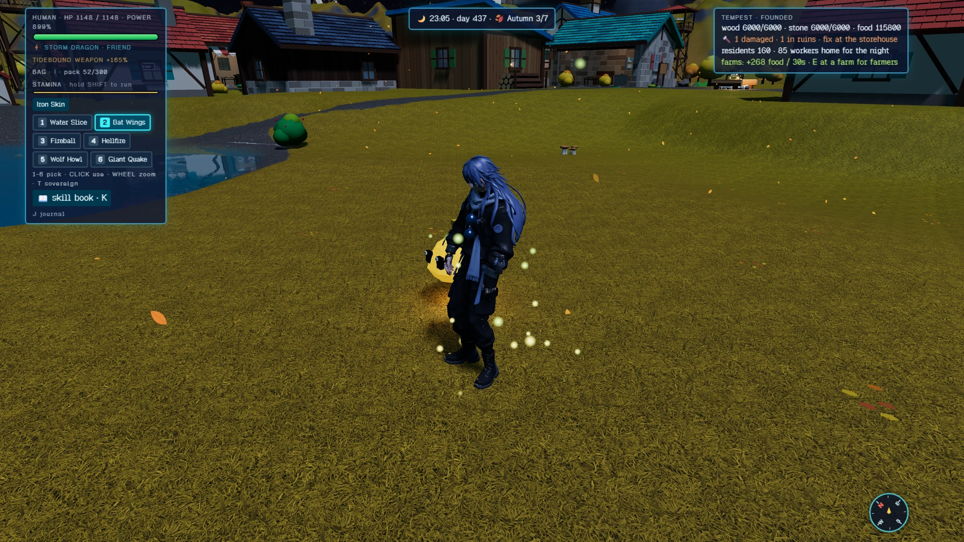 Slime Sovereign. A blue-haired human character stands in a grassy village area with wooden buildings in the background, holding a weapon. The status display shows HUMAN, HP 1148/1148, POWER 899%. Taken in main for the update Build From Your Pack.
