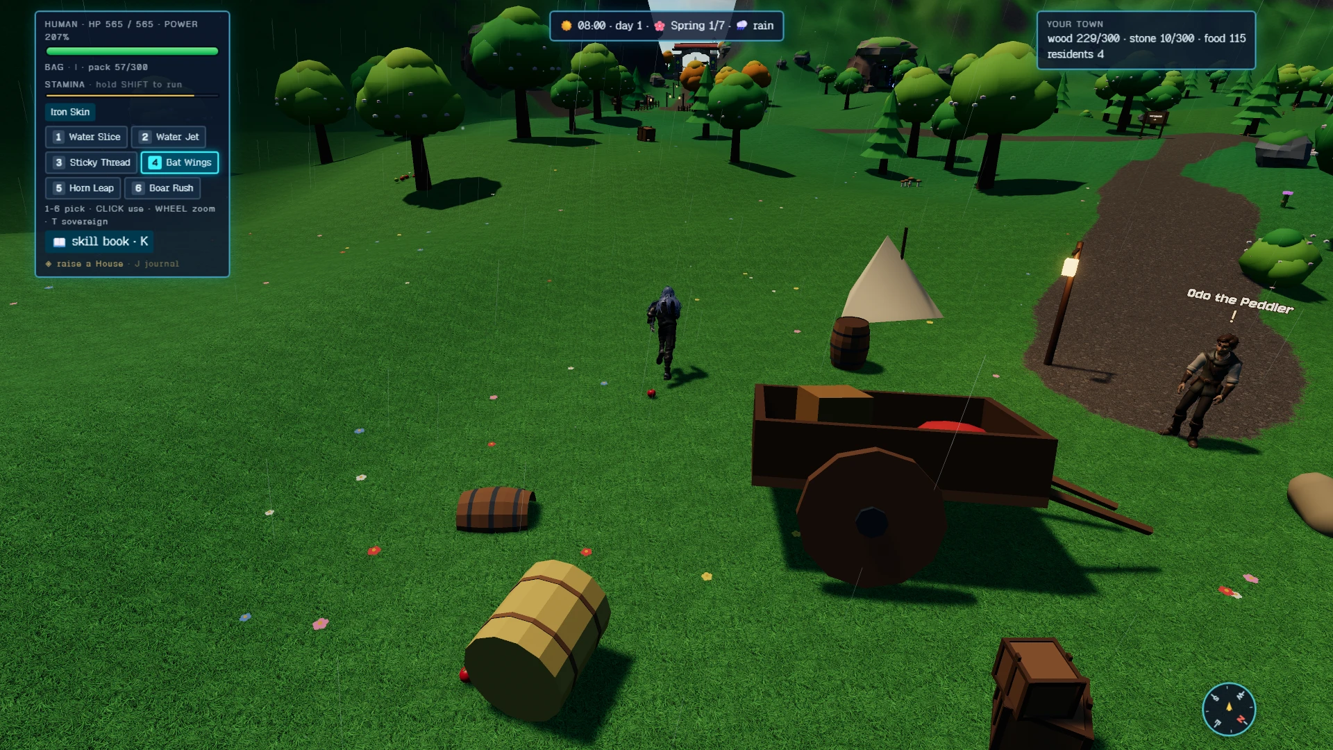 Slime Sovereign. A green landscape with scattered trees, barrels, a cannon, and a tent. A human character stands in the center at full health, 565 HP, with 207% power, while another character labeled Odio the Peddler stands nearby. Taken in main for the update Cheaper campfire and storehouse.