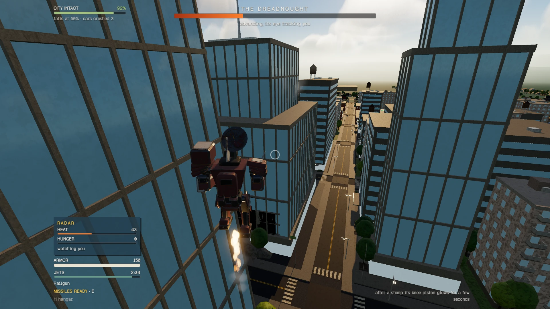 Colossus Run. THE DREADNOUGHT: A red robot with jets fires downward while flying above a wide street lined with blue and tan striped buildings in an urban area. A health bar showing the enemy is tracking the player appears at the top of the screen. Taken when the game first came out, on October 31, 2026.