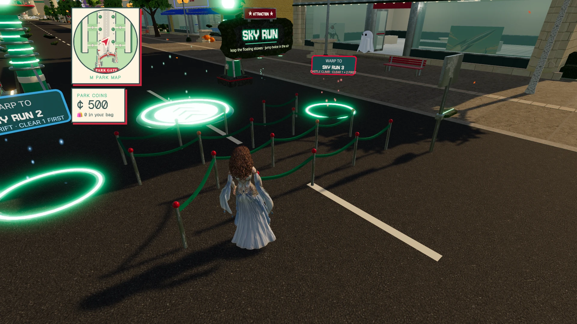 Land of Loot. At Park Gate, a character in a white dress stands in an outdoor area with green neon-outlined circular platforms and rope barriers. The interface shows a park map, 500 park coins in the bag, and options to warp to other attractions. Taken when the game first came out, on October 31, 2026.