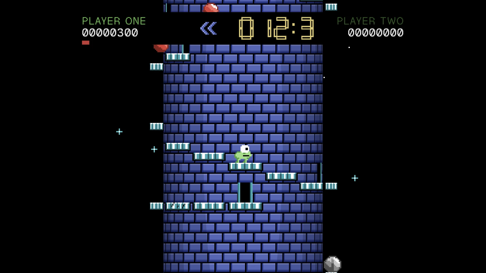 NEBULA TOWERS 64. A brick-walled level with PLAYER ONE's score displayed at top left. A small green character stands on platforms made of striped blocks, navigating downward through the structure. Taken when the game first came out, on October 31, 2026.
