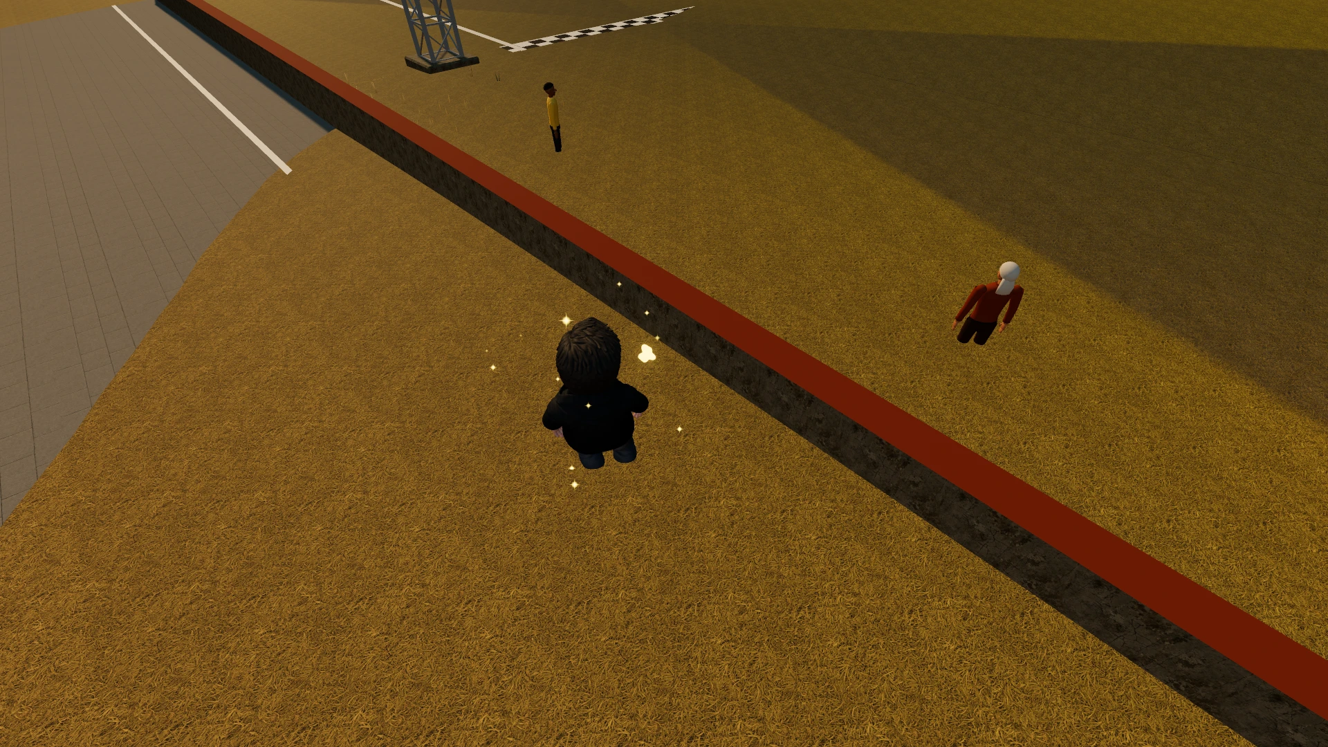 Borick's World. An indoor court with a basketball hoop and checkered finish line. A black-clad character stands in the center with sparkles around them, while another character in red stands to the right. Taken for the update Signposts.