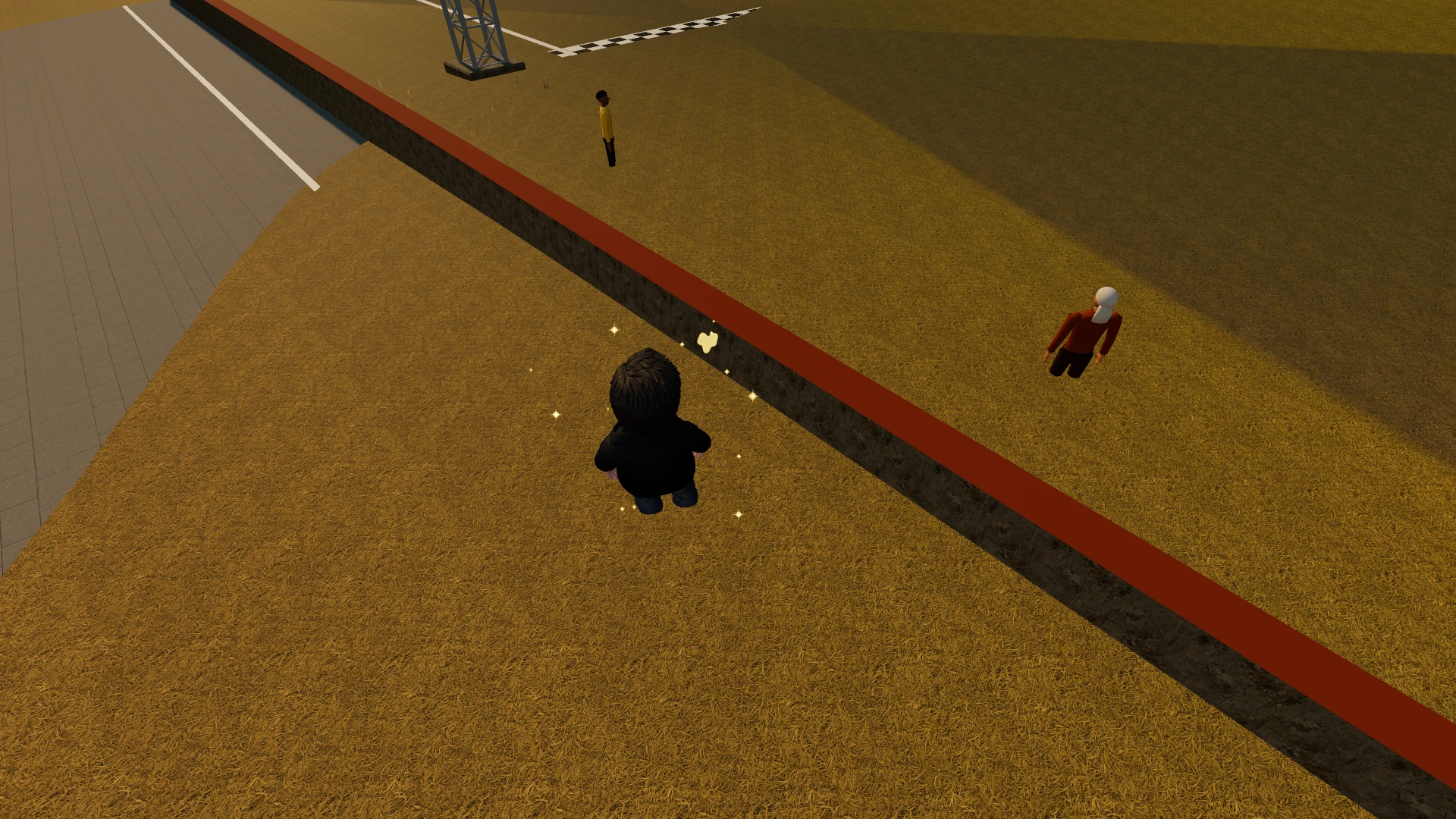 Borick's World. An indoor court with a basketball hoop and checkered finish line. A black character stands in the center collecting glowing items, while a character in red stands nearby. Taken for the update Rusk's Challenge.