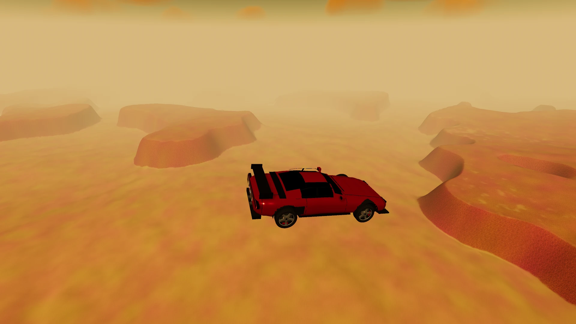 Borick's World. A desert landscape with sand dunes under a hazy sky. A red and black car drives across the sandy terrain. Taken in amber for the update Big Wheelers and Clean Space.
