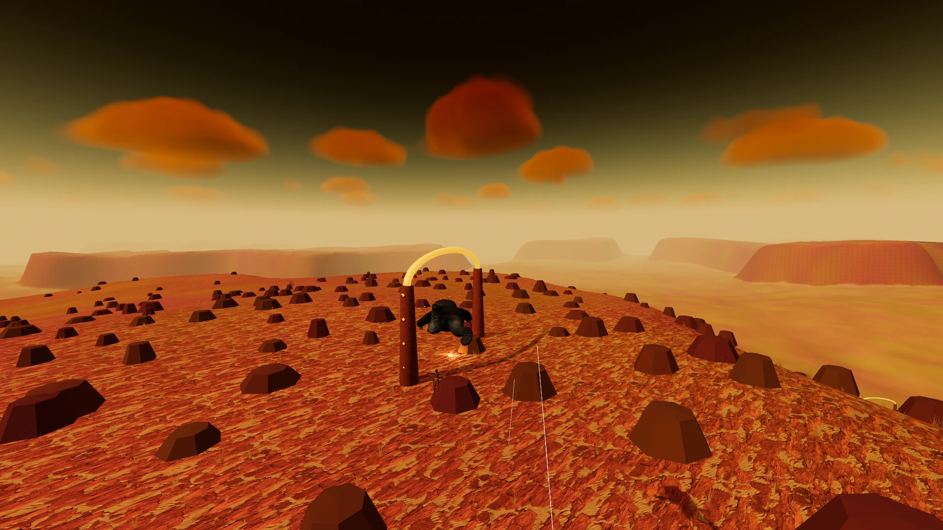 Borick's World. A desert landscape with red sand and scattered dark rocks under a hazy sky with orange clouds and a yellow sun. A character stands near a wooden structure in the center of the terrain. Taken in amber for the update Cockpit and Chutes.