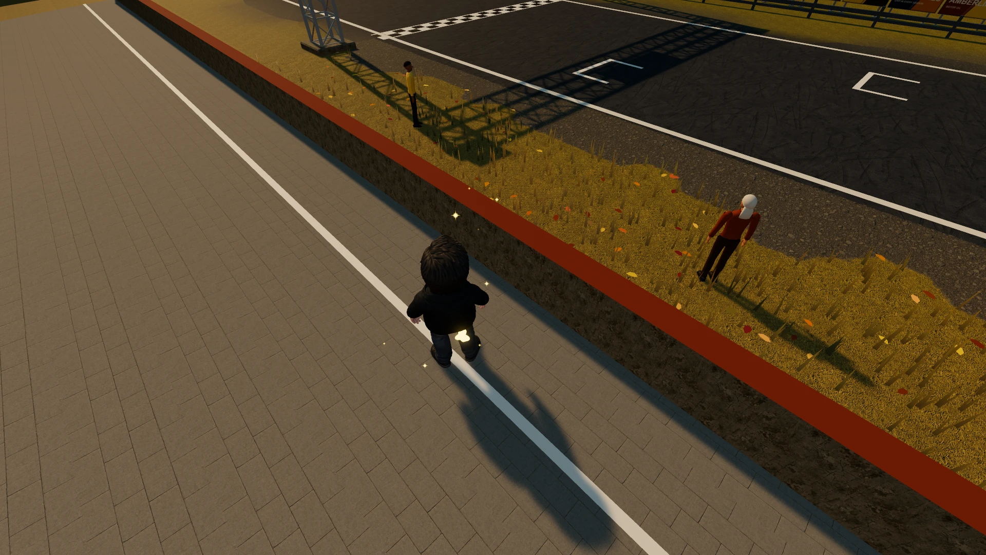Borick's World. An outdoor basketball court with a player in black clothing dribbling a ball on the court. Two other figures stand near the sideline beyond a red boundary wall, with a basketball hoop visible in the background. Taken for the update Racers' Camp.