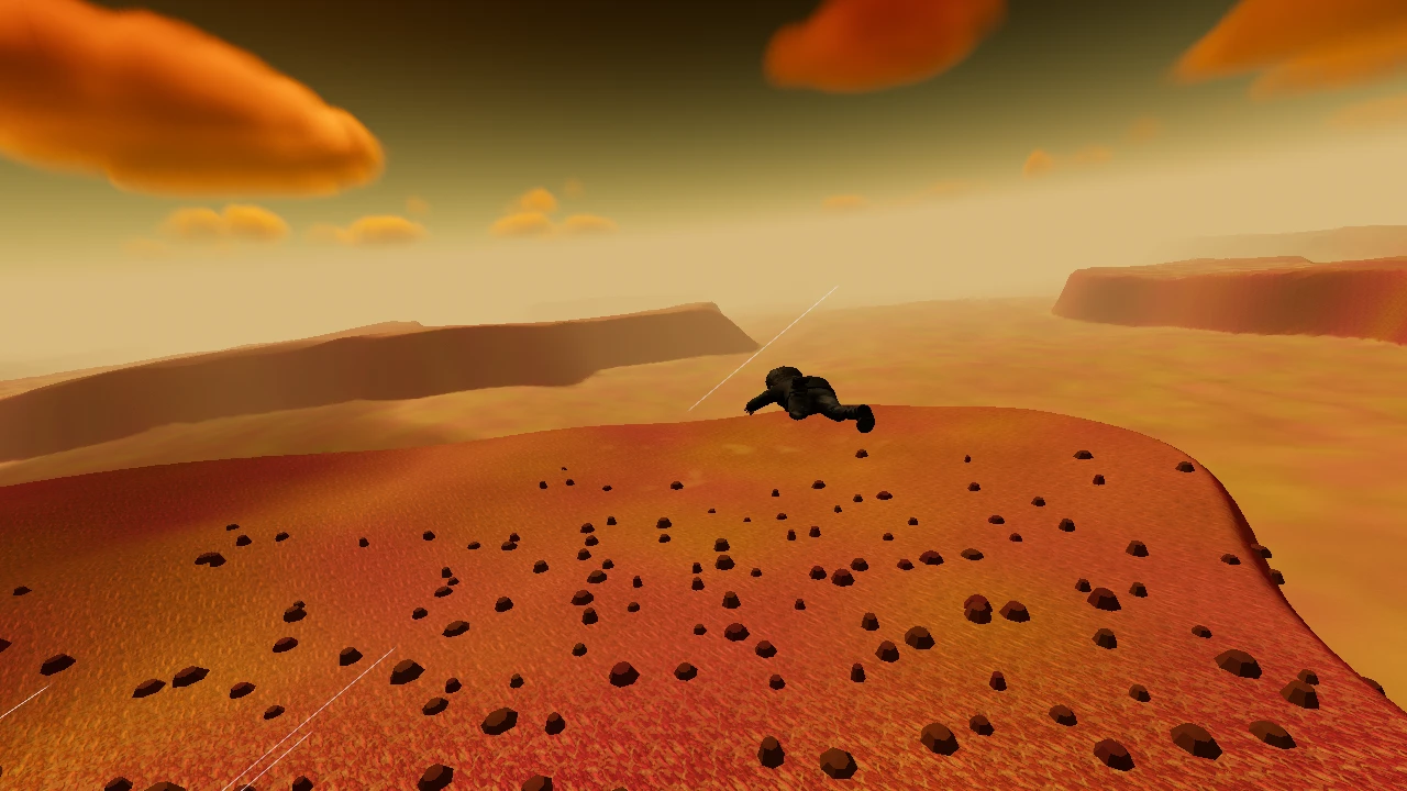 Borick's World. A desert landscape with red sand and rock formations under an orange sky. A black character jumps across the terrain dotted with dark craters. Taken in amber while its maker played, on October 31, 2026.