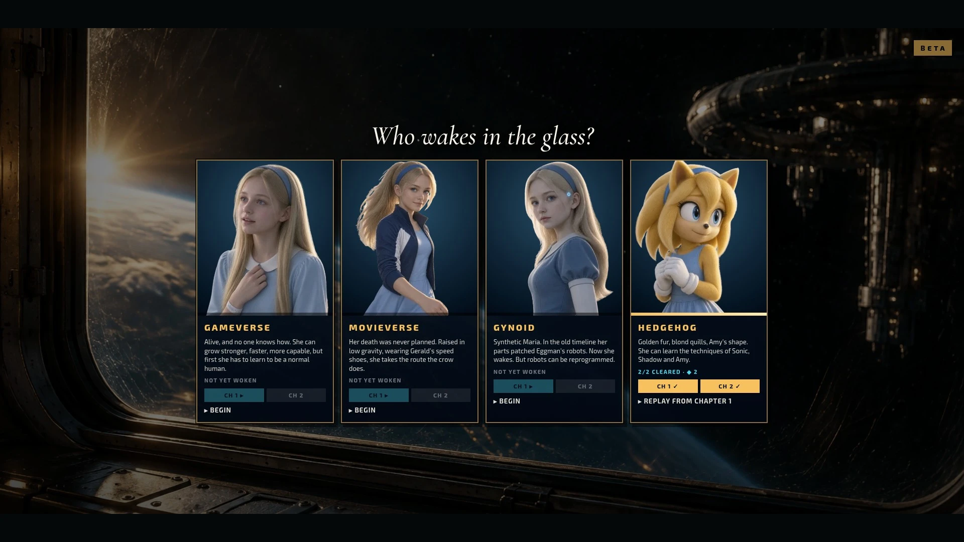 Maria Robotnik: Bathed In Radiant Dawn. A character selection screen displays four options with the question "Who wakes in the glass?" Each card shows a portrait and description: Gameverse, Movieverse, Gynoid, and Hedgehog, with begin and chapter buttons available for each. BETA appears in the top right corner. Taken when the game first came out, on October 31, 2026.