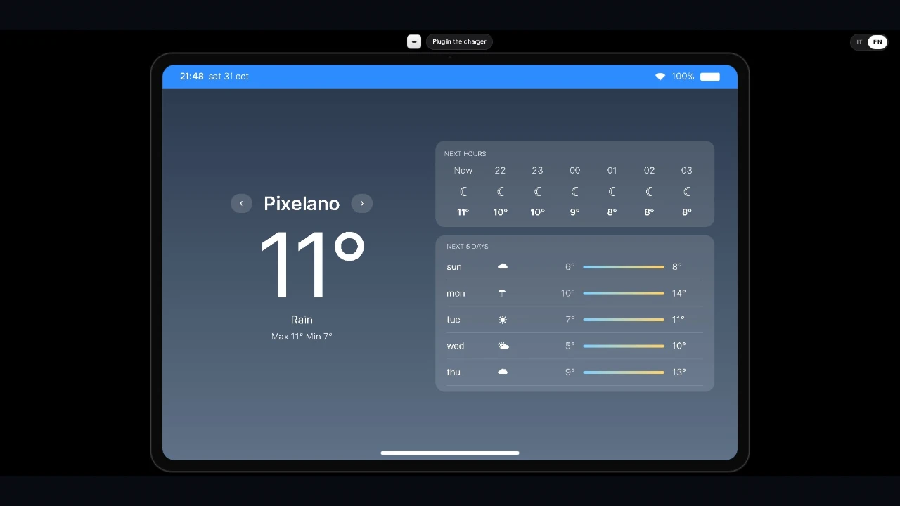 PixelTab. A weather app for Pixelano displays the current temperature of 11 degrees with rain, showing hourly forecasts for the next hours and a 5-day forecast below. The time shown is 21:48 sat 31 oct. Taken when the game first came out, on October 31, 2026.