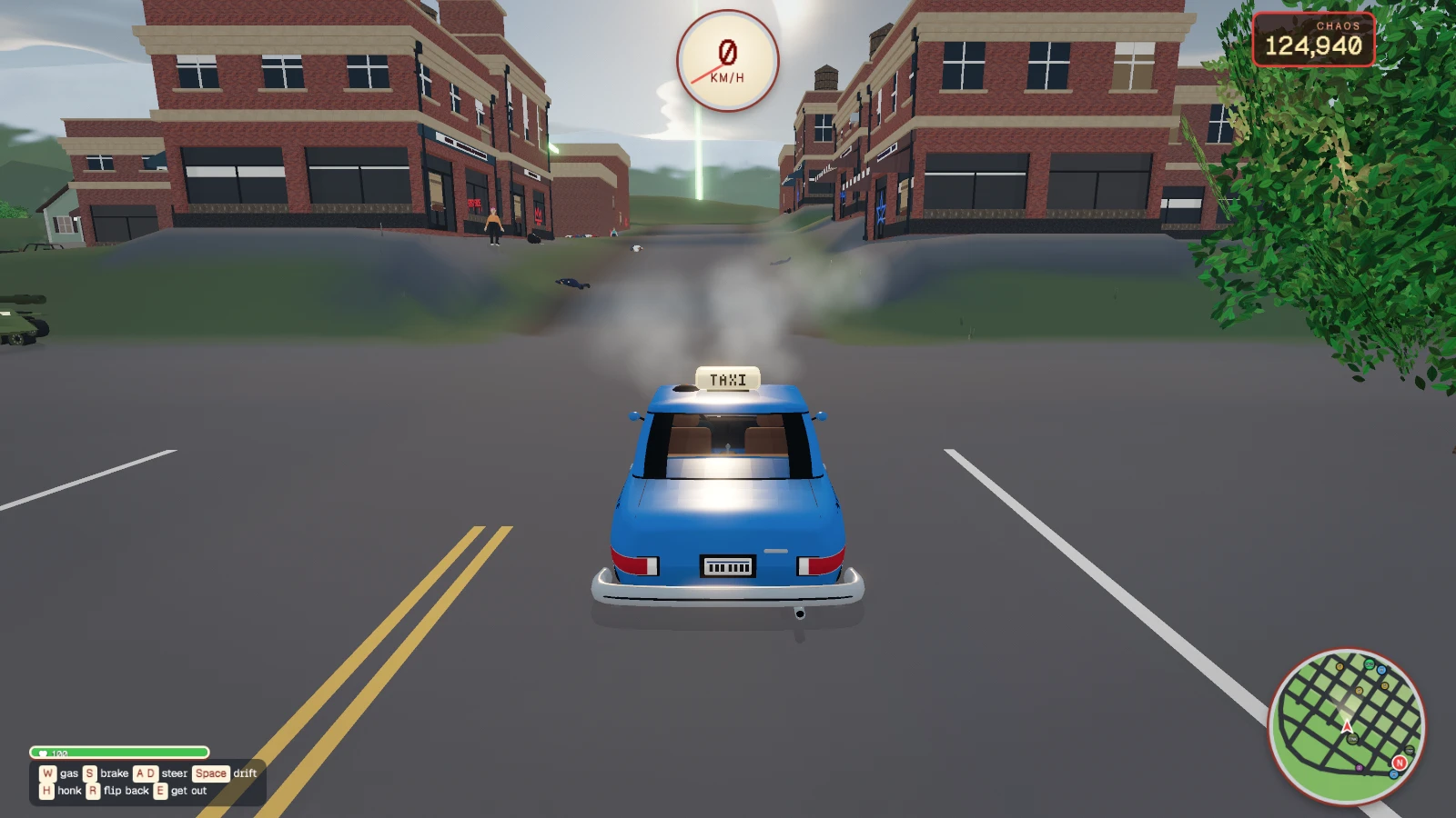 Chaos County. A blue taxi drives down a street lined with brick buildings in an urban area labeled CHAOS. Smoke billows in the distance as the player's taxi moves forward. Taken when the game first came out, on October 31, 2026.