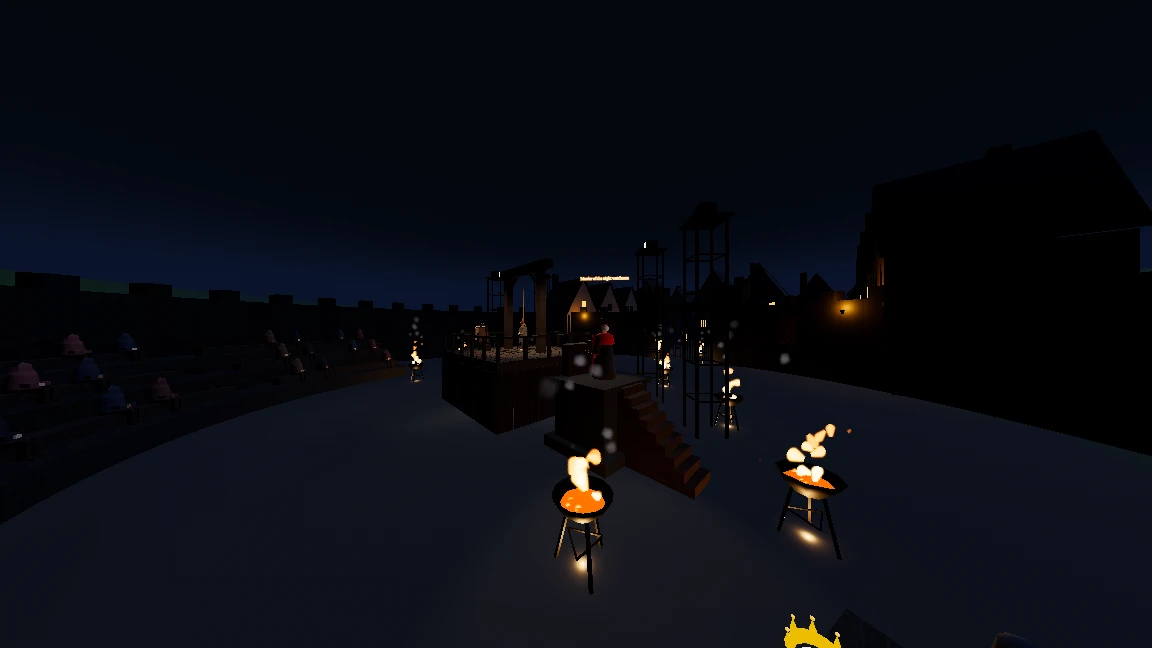 The Public Tribunal. A nighttime city rooftop with lit torches placed on the ground and buildings silhouetted against a dark blue sky. A player character stands near burning torches while other figures and structures are visible across the rooftop scene. Taken when the game first came out, on October 31, 2026.