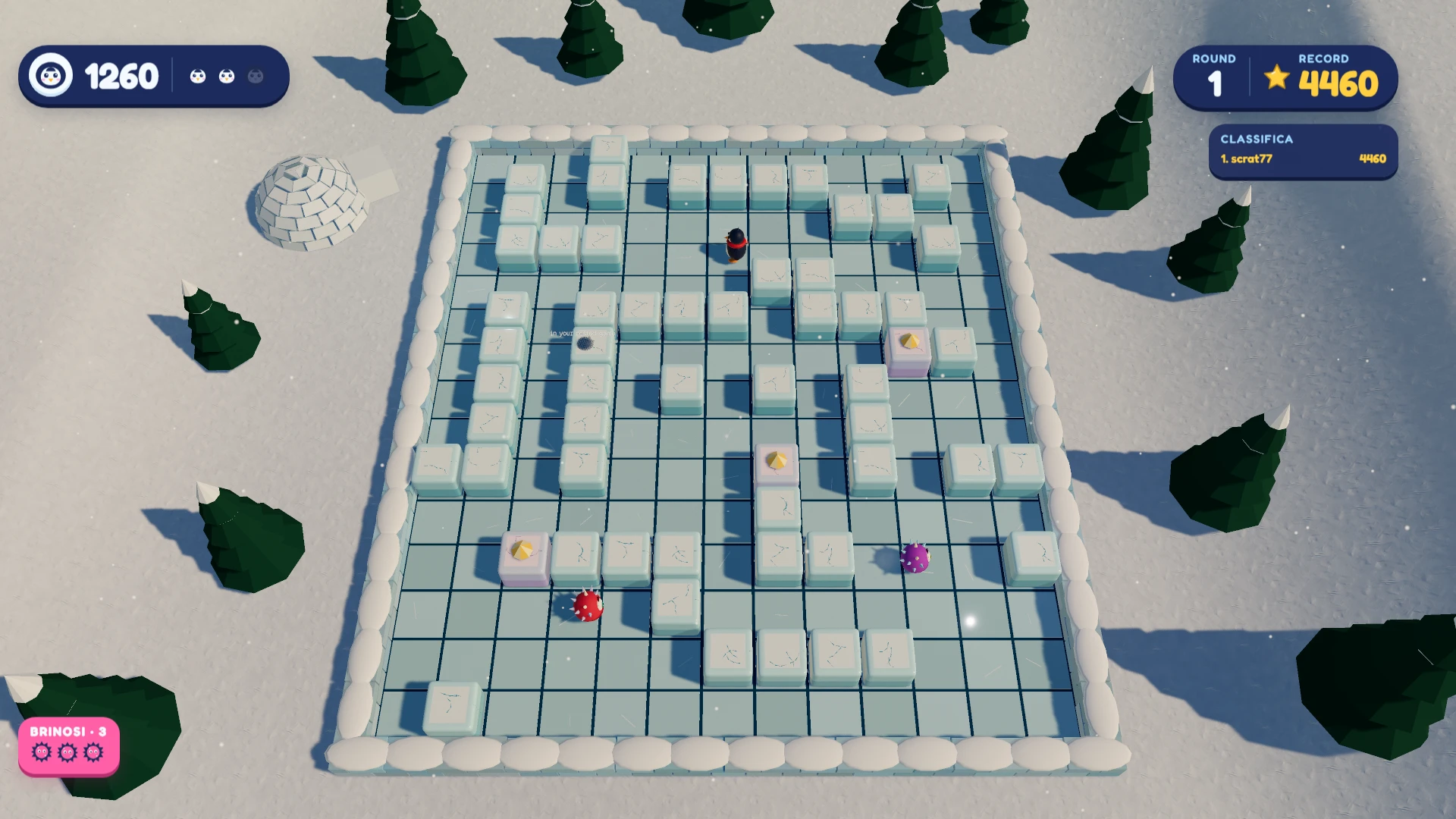 Fiocco on the Ice. A snowy grid-based maze with a red character near the top center, a purple enemy, and scattered gold items. The score is 1260. Taken for the update Vestitini e Classifica.