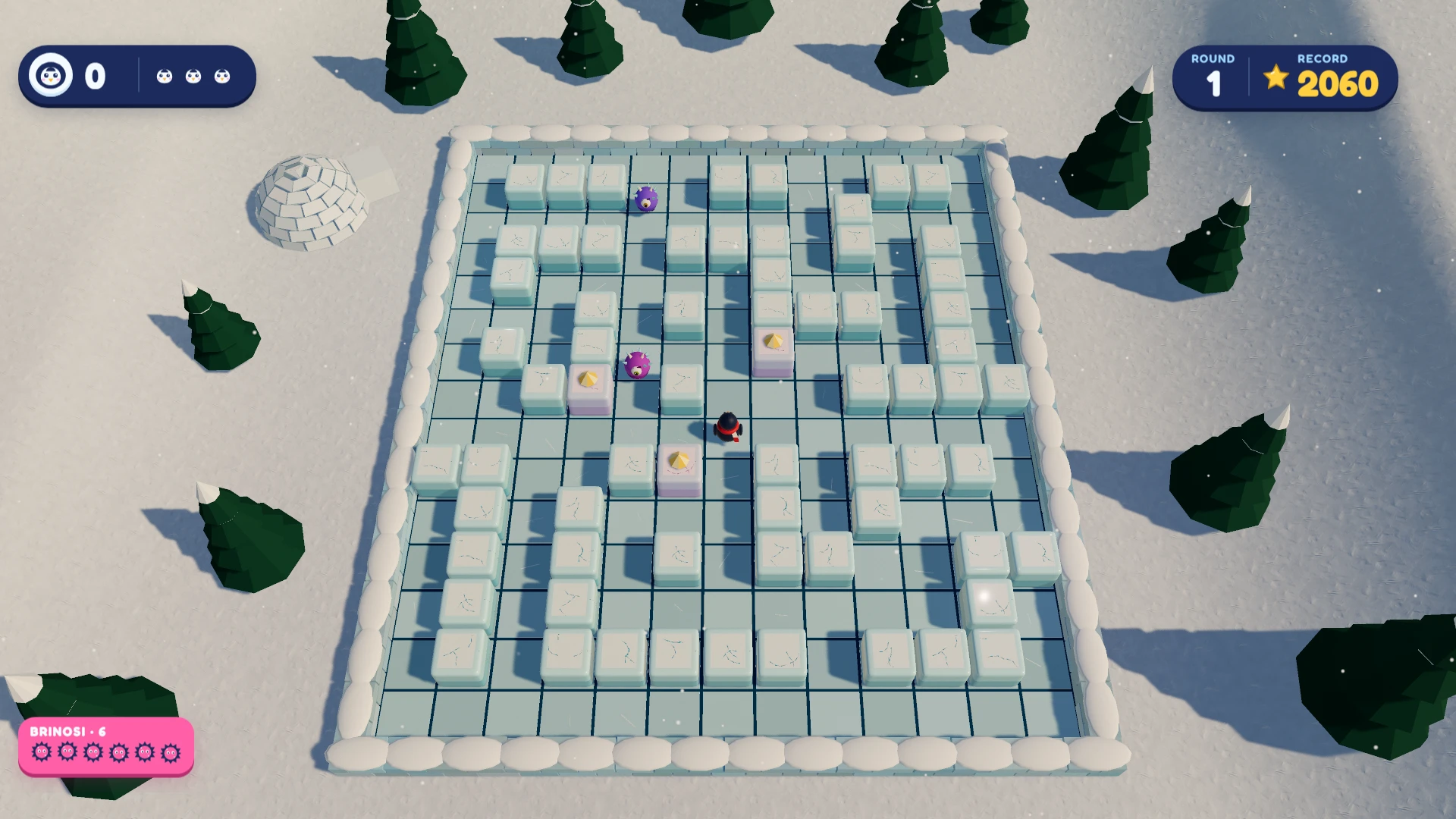 Fiocco on the Ice. A snowy landscape with an icy grid-based game board surrounded by evergreen trees. A red character and two purple enemies are positioned on different squares of the board, with golden star tokens scattered across it. Taken when the game first came out, on October 31, 2026.