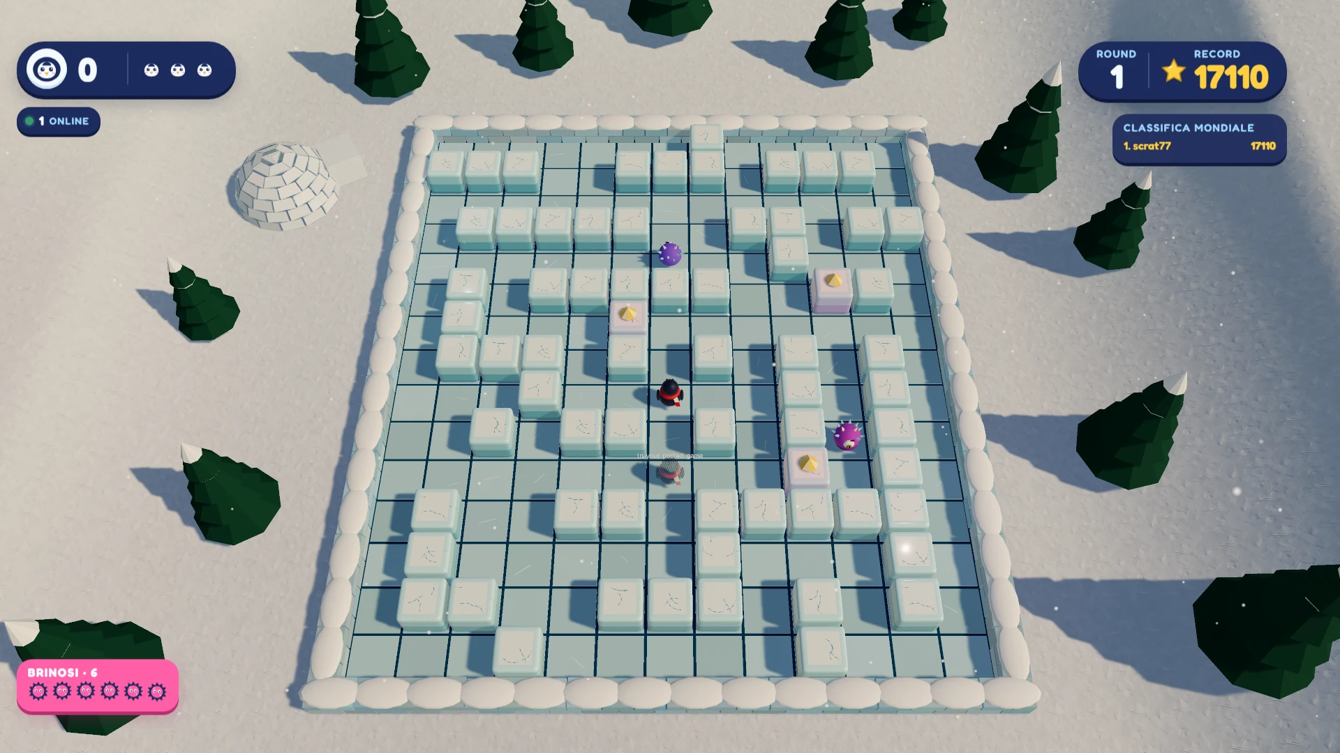 Fiocco on the Ice. A snowy landscape with a grid-based game board surrounded by evergreen trees and an igloo. On the board, a purple creature, a red character, and a pink creature move among scattered gold coins, with Round 1 and a record score of 17110 displayed in the top right. Taken for the update Classifica Mondiale.