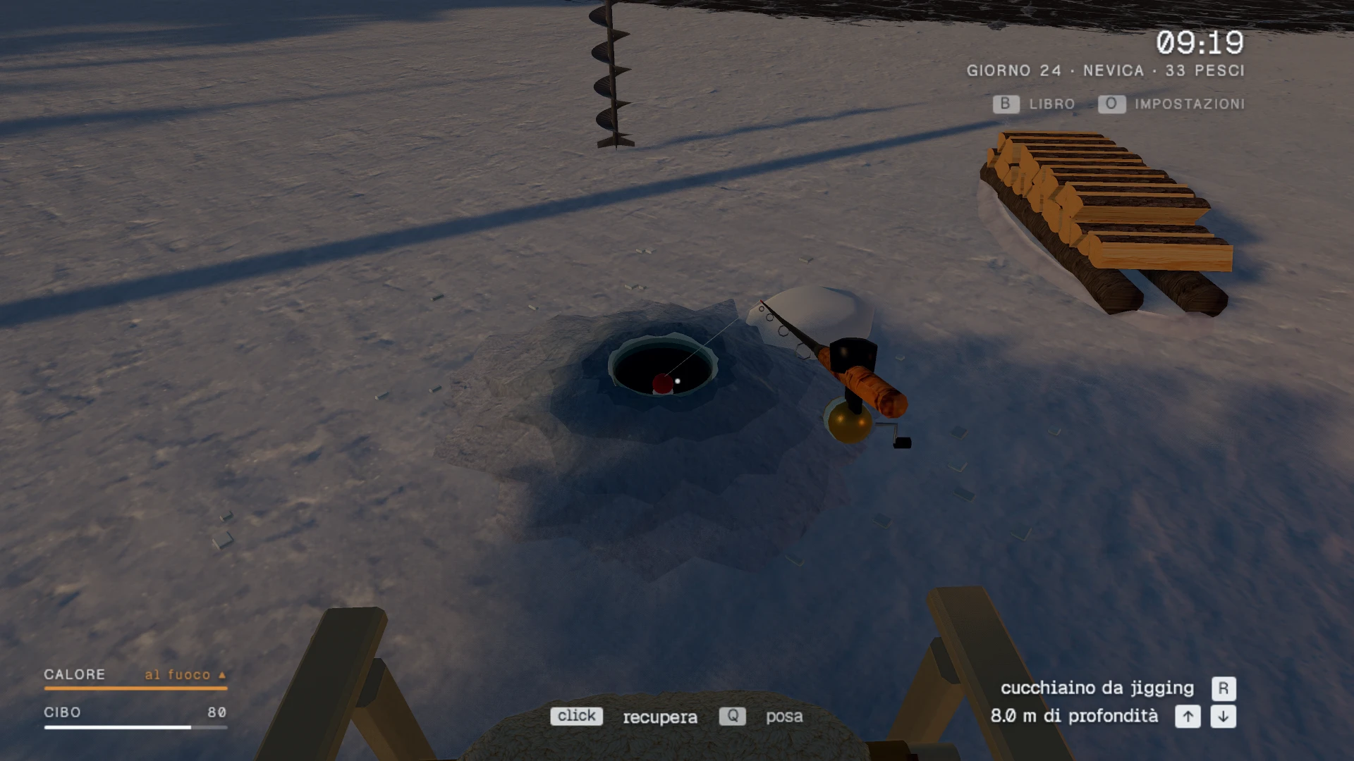 Ice Fishing Camp. A frozen lake with an ice fishing hole in the center. An auger, fishing rod, and bucket sit near the hole, with wooden platforms and structures scattered across the snowy surface at 09:19. Taken when the game first came out, on October 31, 2026.