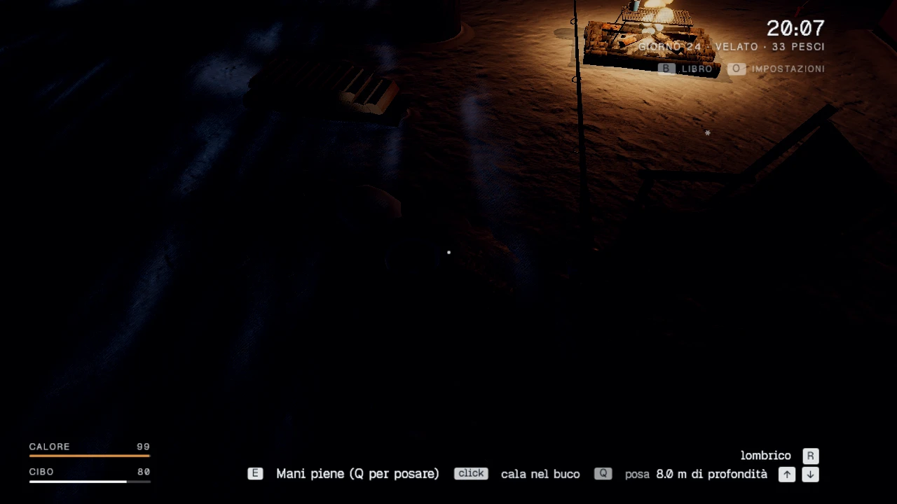 Ice Fishing Camp. A dark underwater scene at 20:07 with a wooden shipwreck visible in the upper right, illuminated by a light source. The player's status shows health and hunger levels at the bottom, with on-screen prompts for diving actions. Taken while its maker played, on October 31, 2026.