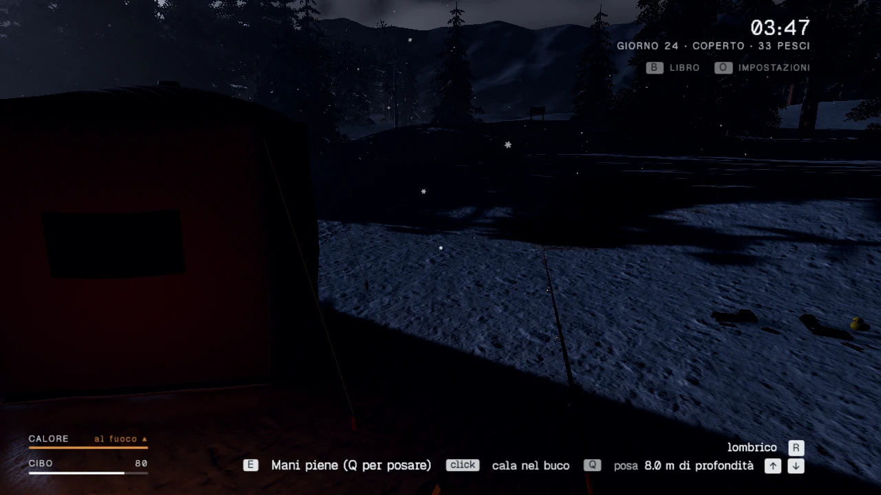 Ice Fishing Camp. A nighttime scene at a snowy lakeside or riverbank under dark skies. The player character stands on the frozen shore with mountains and buildings visible in the distance, at time 03:47, day 24, overcast, with 33 fish caught. Taken while its maker played, on October 31, 2026.