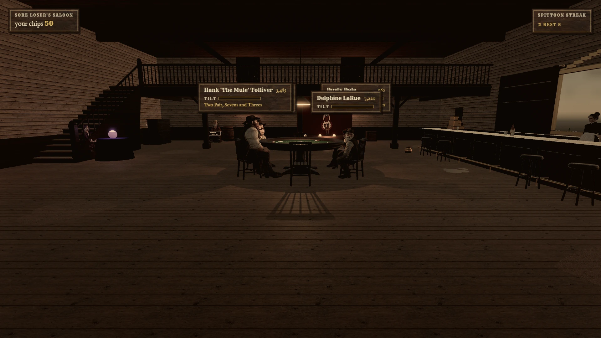 Sore Loser's Saloon. Dusty Dale saloon interior at night with wooden floors and railings. Two figures sit at a poker table in the center while others stand around the room, with game information displayed above showing "Hank 'The Mule' Tolliver" and "Delphine LaRue." Taken when the game first came out, on October 31, 2026.