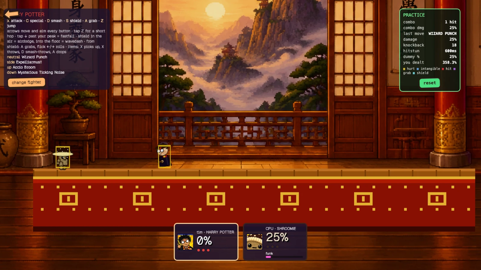 Stuffie Scuffle. An Asian-inspired temple interior with wooden doors and pillars frames a misty mountain landscape at sunset. Two pixel-art characters face off on a wooden platform, with a PRACTICE stats panel showing combat details including Wizard Punch as the last move. Taken for the update stale moves + balance stats.