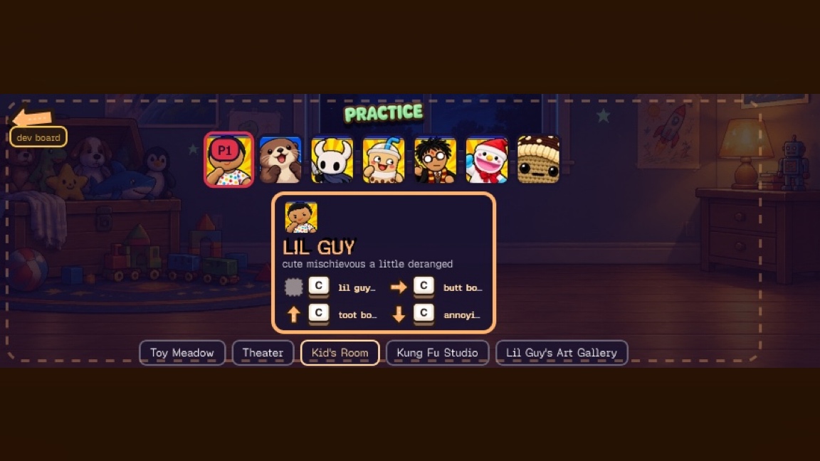 Stuffie Scuffle. A dev board practice screen displays character icons in a row, with a detailed card for "Lil Guy" showing their description and control buttons. Location options including Toy Meadow, Theater, Kid's Room, Kung Fu Studio, and Lil Guy's Art Gallery appear at the bottom. Taken for the update Pummels.
