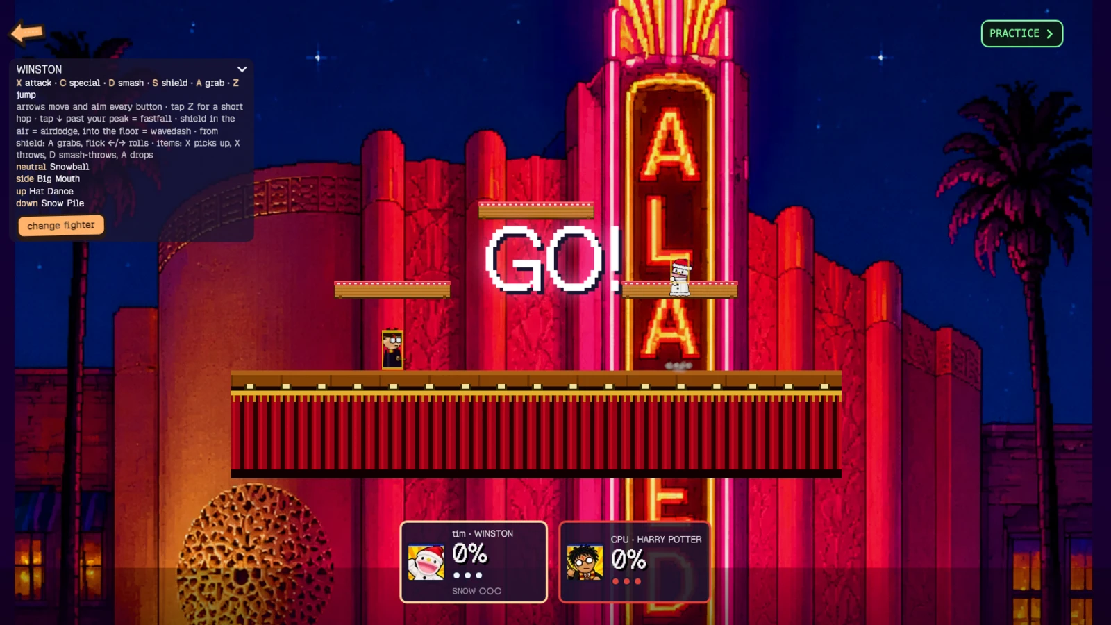 Stuffie Scuffle. A neon-lit arcade building at night with "GO!" displayed across it. Two fighters face off on a platform, with their health bars shown at the bottom and a "PRACTICE" button visible in the top right corner. Taken for the update Up tilt out of jump squat.