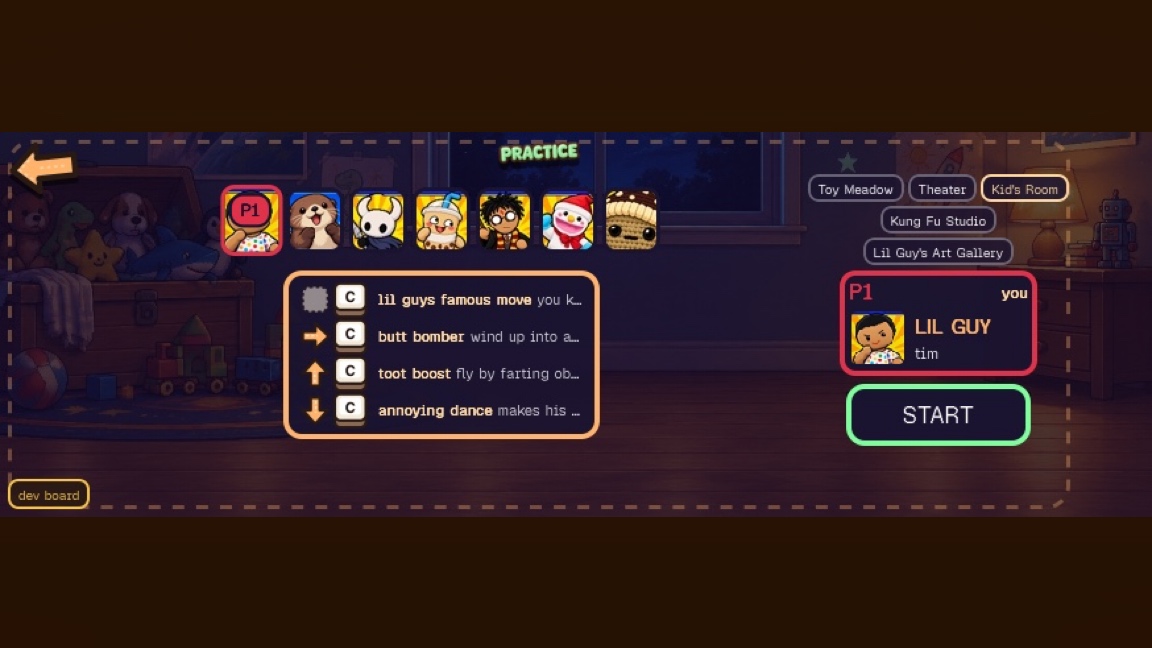 Stuffie Scuffle. A practice room labeled dev board displays a menu of moves to learn, including lil guy's famous move, butt bomber, toot boost, and annoying dance. On the right, the player character Lil Guy tim is shown with a START button ready to begin. Taken for the update winston nerf + lil guy oof.