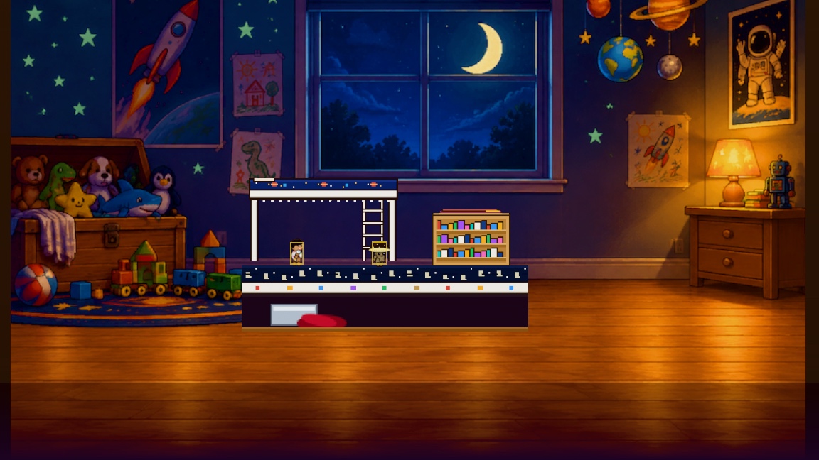 Stuffie Scuffle. A child's bedroom at night with a window showing the moon and stars. A pixel-art character stands on a platform in the center of the room, surrounded by toys, stuffed animals, books, and space-themed decorations. Taken while its maker played, on October 31, 2026.