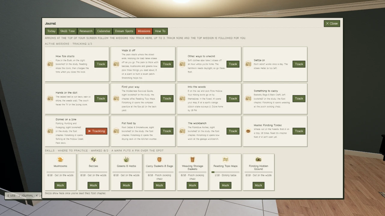 Disappearance Day. A Journal window displays multiple tabs and mission cards. The Missions tab is active, showing a grid of nine tracked missions with descriptions and Track buttons, plus a skills section below listing locations to practice abilities like Mushrooms, Berries, and Gnomes & Herbs. Taken for the update The Leather Journal.