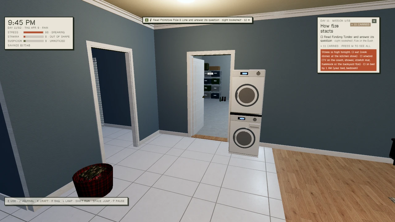 Disappearance Day. A laundry room at 9:45 PM with stacked washers and dryers against a wall, doorways to other rooms, and a red pouf on the floor. The screen displays player stats showing stress and stamina levels, and a mission objective about fire safety. Taken for the update Clearer Trip Steps.