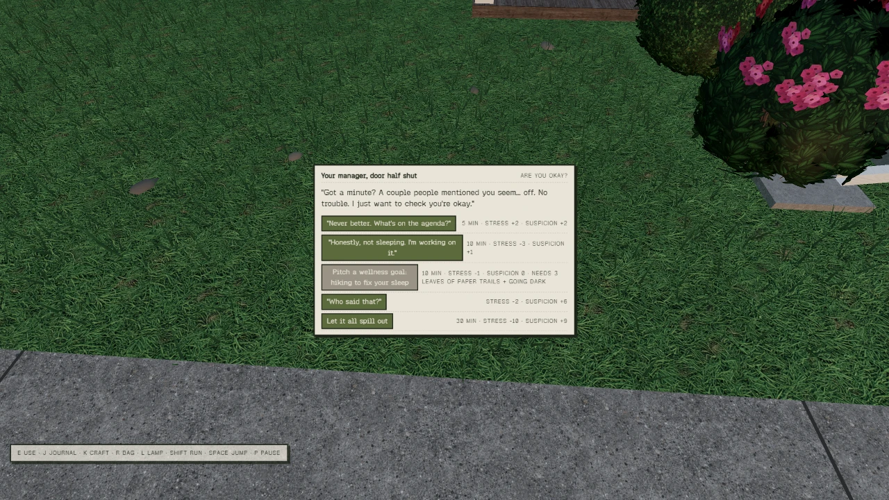 Disappearance Day. A grassy yard with pink flowers and a house in the background. A dialogue box shows a conversation with a manager at the door, with multiple response options displayed, each showing time and stress changes. Taken when the game first came out, on October 31, 2026.