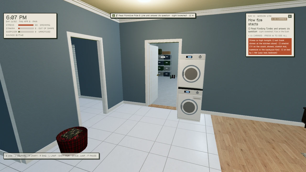 Disappearance Day. A laundry room with blue-gray walls and white tile flooring at 6:07 PM. A stacked washer and dryer unit stands against the wall, with doorways leading to other rooms and a red wicker basket on the floor. Taken for the update Shelf Guidance.