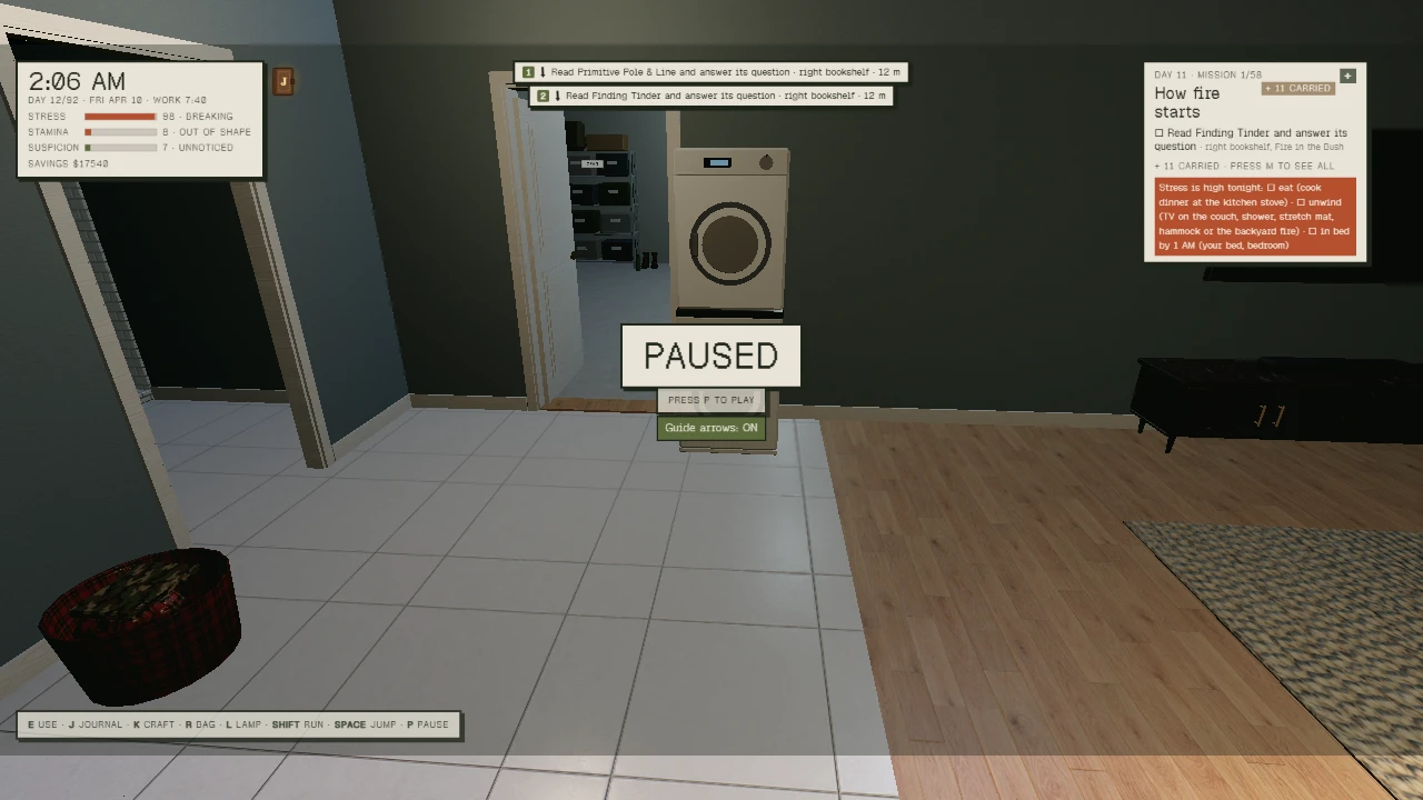 Disappearance Day. A kitchen and living room with appliances and furniture is shown in pause mode. The word "PAUSED" is displayed in the center of the screen, with UI panels showing character stats on the left and mission details on the right. Taken while its maker played, on October 31, 2026.