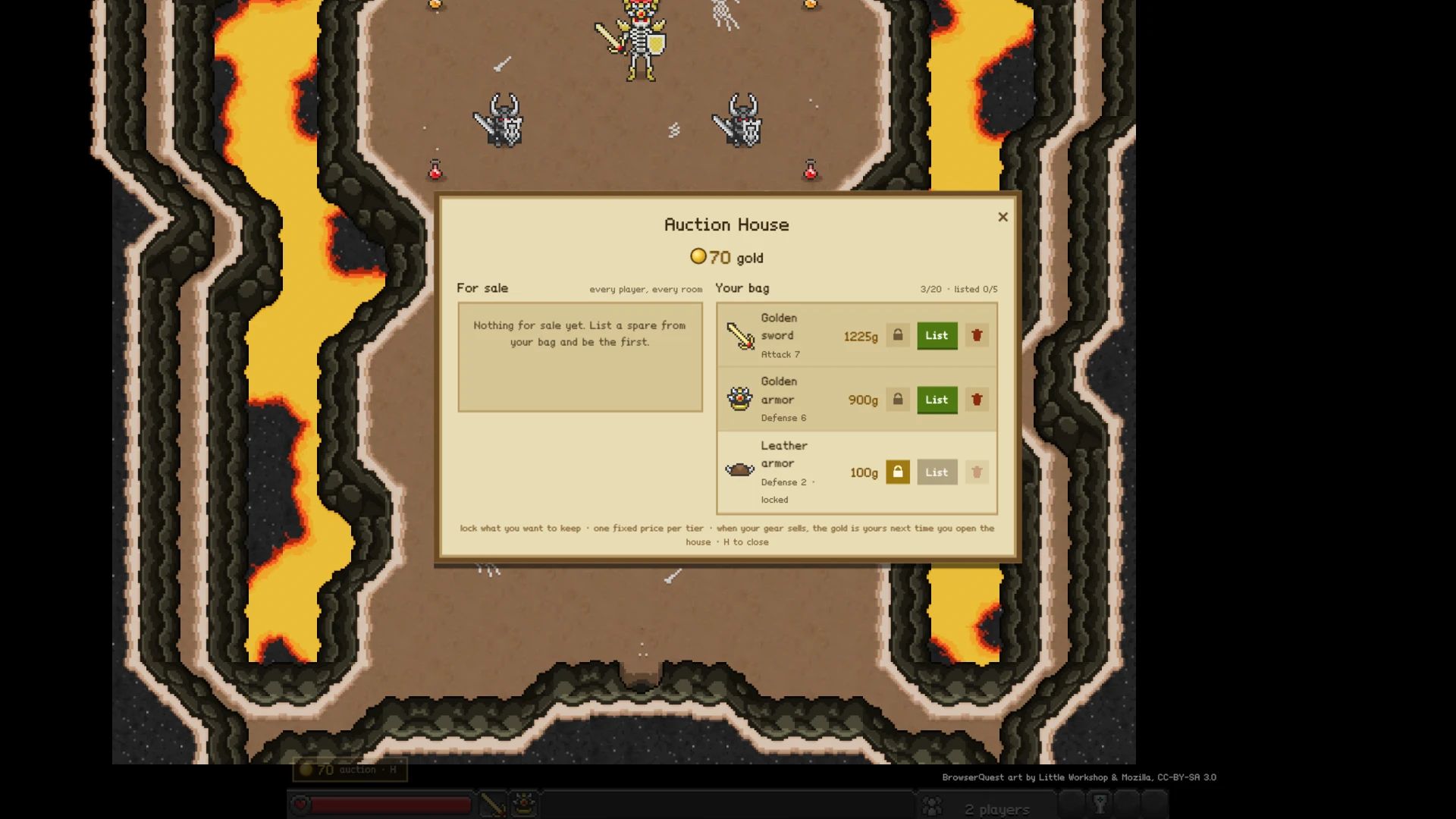 Browser Quest. In the Auction House with 70 gold, a dialog window displays items for sale including a Golden sword, Golden armor, and Leather armor, each with List buttons to purchase them. Taken when the game first came out, on October 31, 2026.